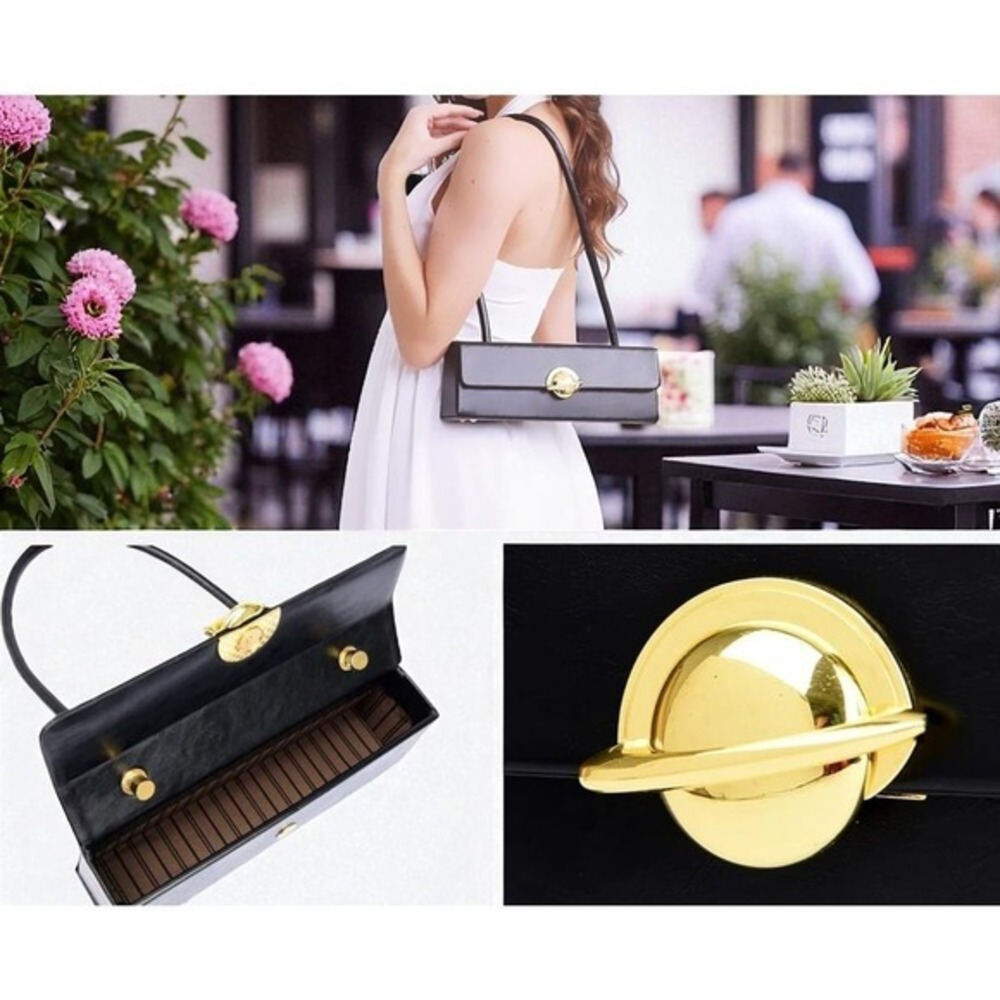 Purse Black Rectangular Shoulder Bag Gold Planet Turn Lock‎ Saturn Clasp Bag - Picture 4 of 8